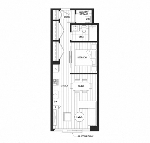 Floor plan for studio, 1 bath, 544 sqft